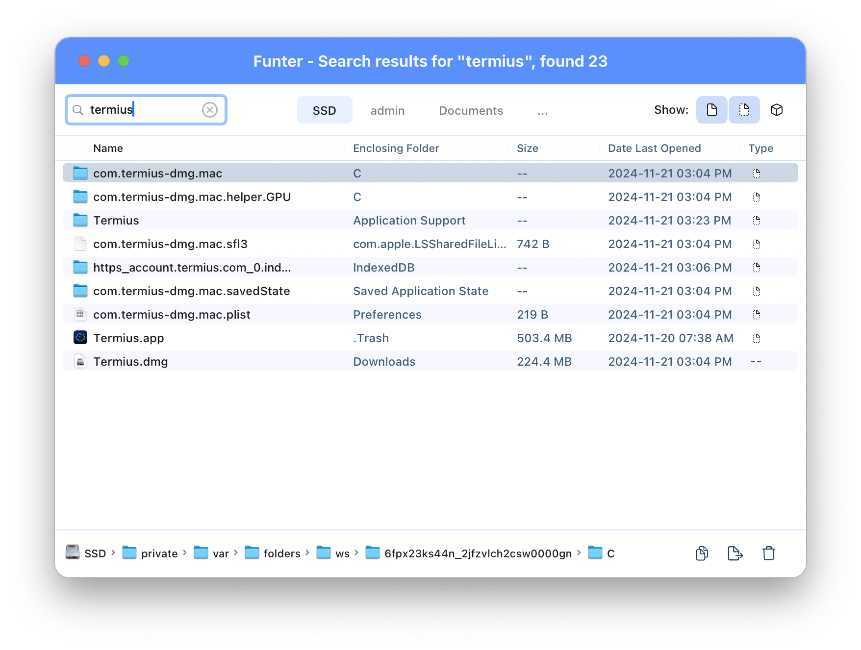 Funter showing Termius leftover files