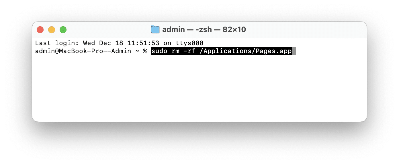 Terminal window showing command to delete Pages