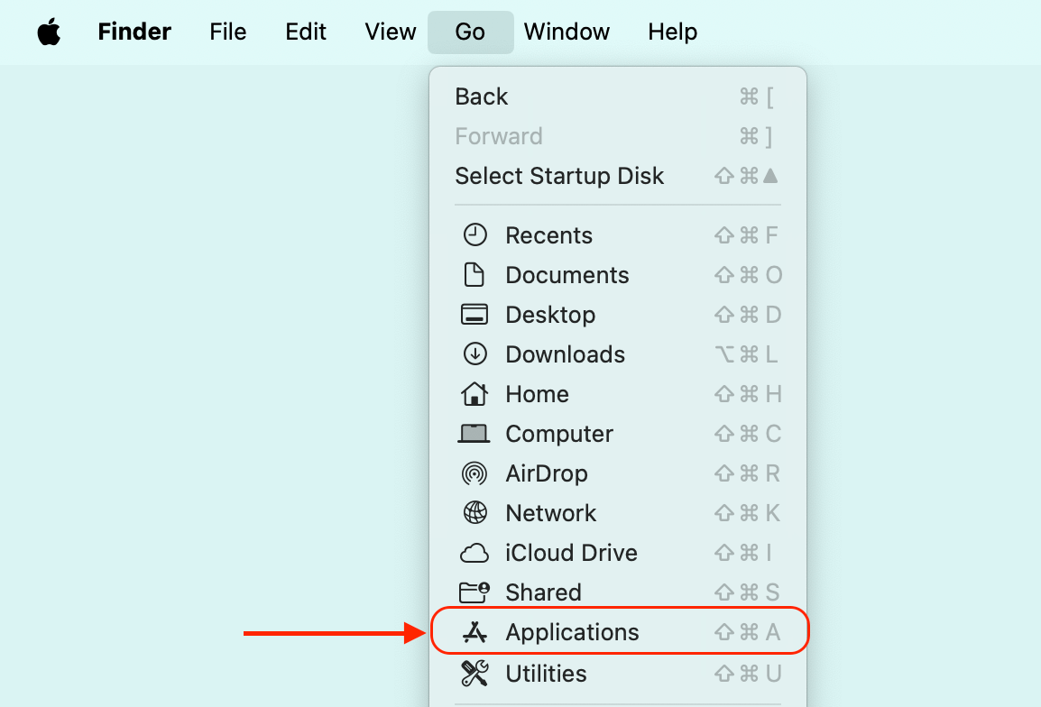 Going to Applications through Finder menu