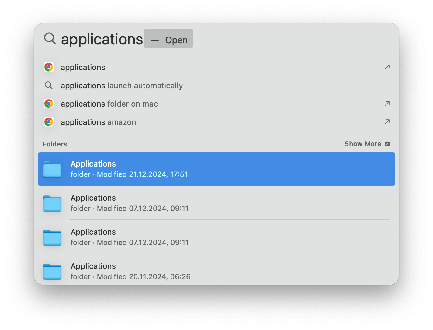 Opening Applications folder through Spotlight