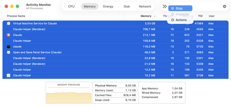 Force quit Claude Code in Activity Monitor Activity Monitor showing Claude Code processes