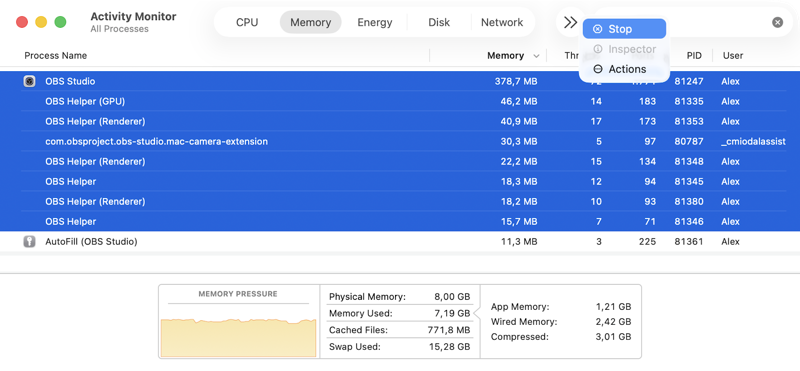 Activity Monitor showing OBS Studio processes