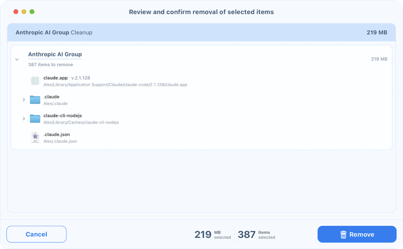 Confirm Claude Code removal App Cleaner & Uninstaller showing Remove confirmation for Claude Code