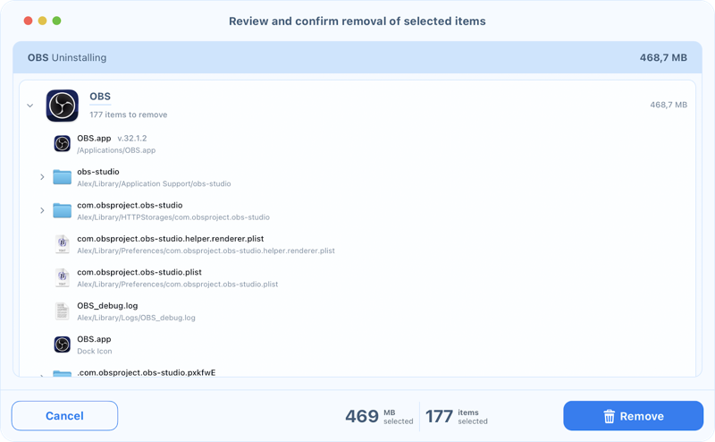 App Cleaner & Uninstaller Remove confirmation dialog for OBS