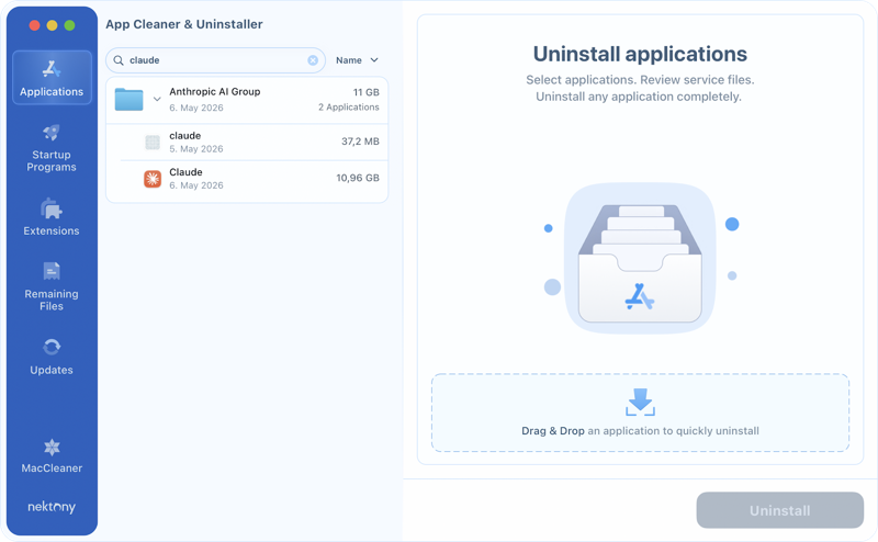 Find Claude Code in App Cleaner & Uninstaller App Cleaner & Uninstaller showing Claude Code in the application list