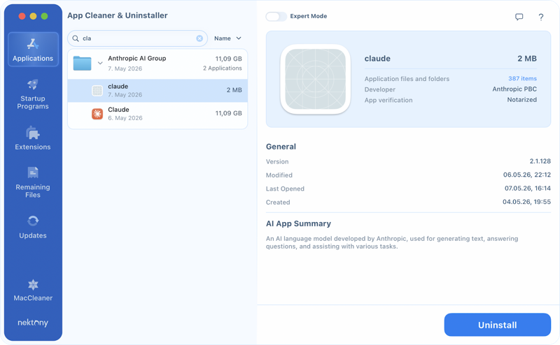 Select Claude Code App Cleaner & Uninstaller with Claude Code selected