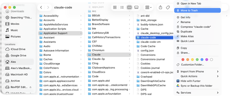 Move Claude Code to Trash Finder showing claude-code folder to Move to Trash