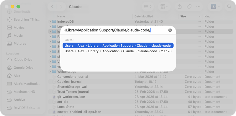 Navigate to Claude Code folder in Finder Finder Go to Folder showing Claude Code path
