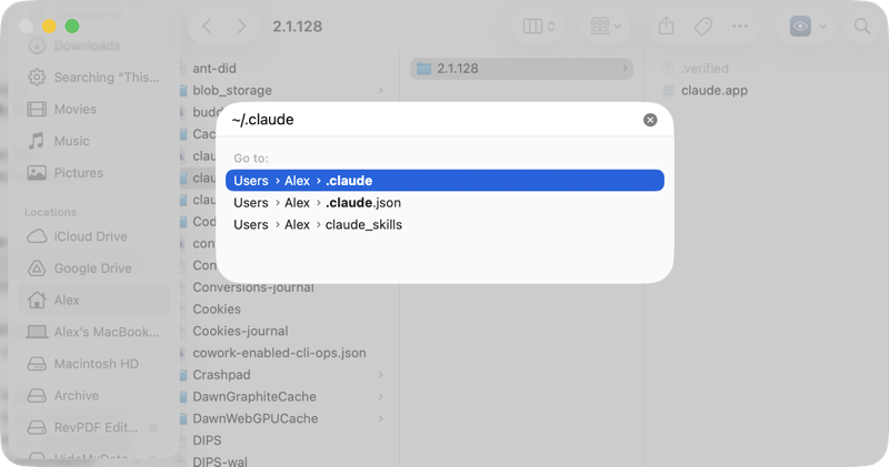 Navigate to .claude config folder Finder Go showing .claude path