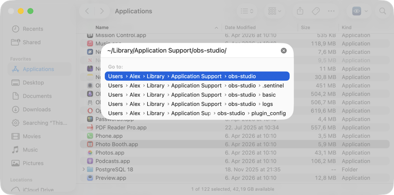Finder Go showing OBS folder path