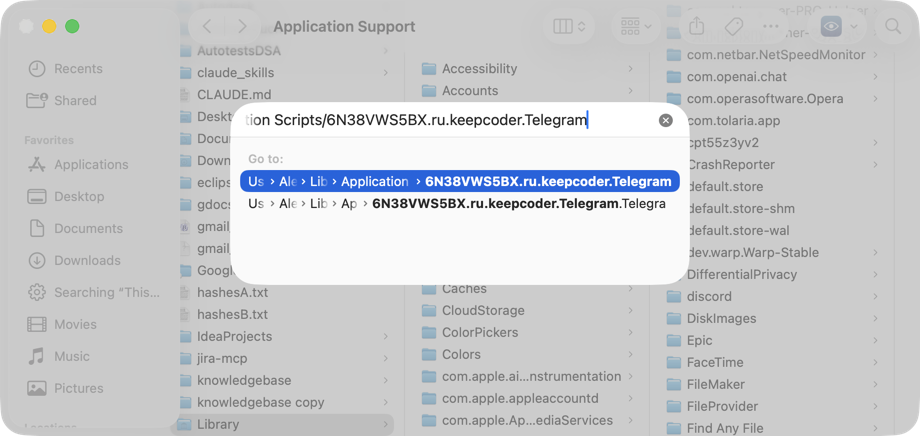 Navigate to Telegram in Finder Finder Go showing Telegram path