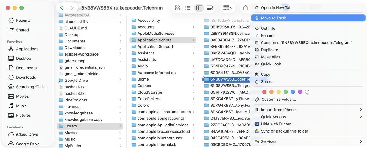 Move Telegram support files to Trash Finder showing Telegram folder to Move to Trash