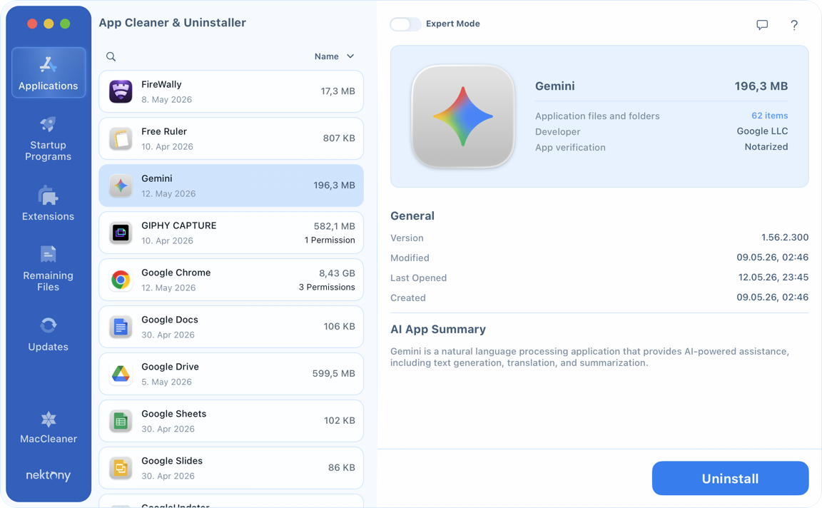 Select Gemini in App Cleaner & Uninstaller App Cleaner & Uninstaller with Gemini selected