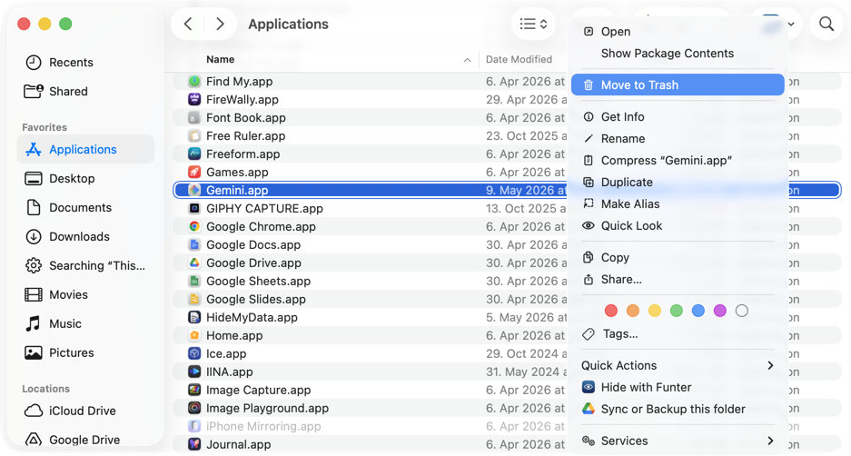 Move Gemini to Trash from Applications Finder showing Gemini moved to Trash