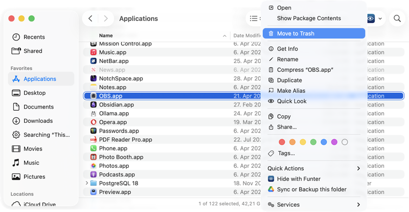 Finder showing OBS to Move to Trash