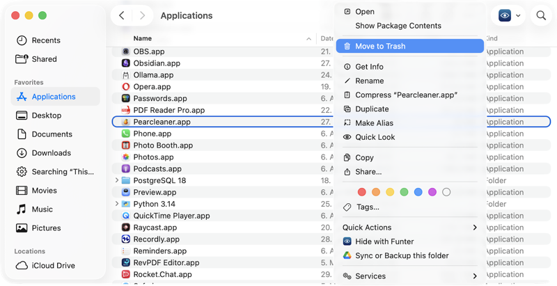 Move Pearcleaner to Trash from Applications Finder showing Pearcleaner moved to Trash