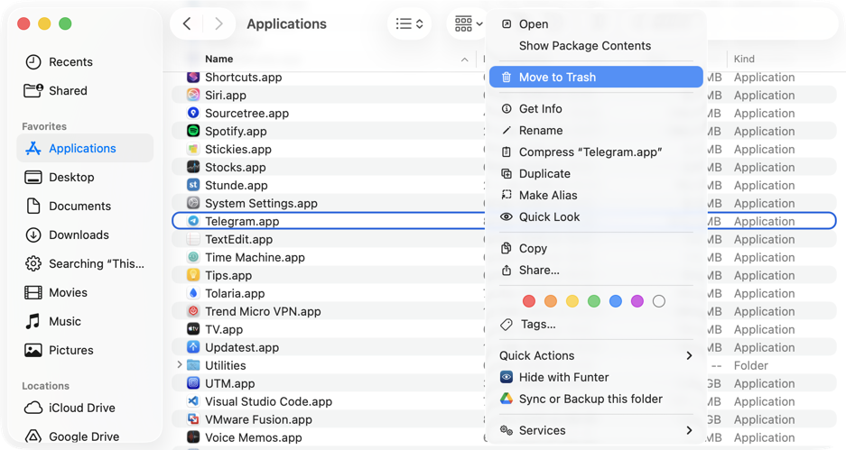 Move Telegram to Trash from Applications Finder showing Telegram moved to Trash