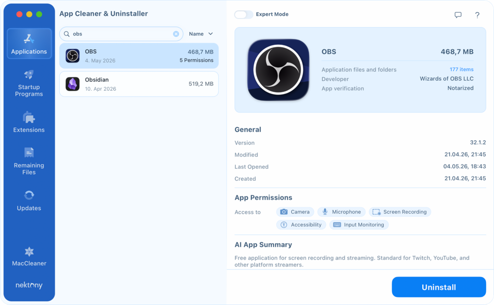 App Cleaner & Uninstaller with OBS Studio selected