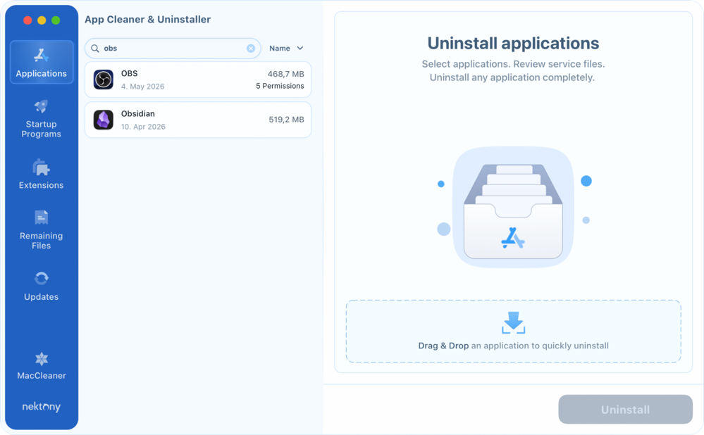App Cleaner & Uninstaller showing application list with OBS Studio