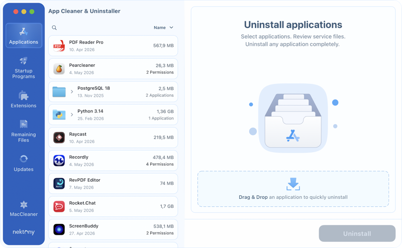 Locate Pearcleaner in the app list App Cleaner & Uninstaller showing Pearcleaner in the application list