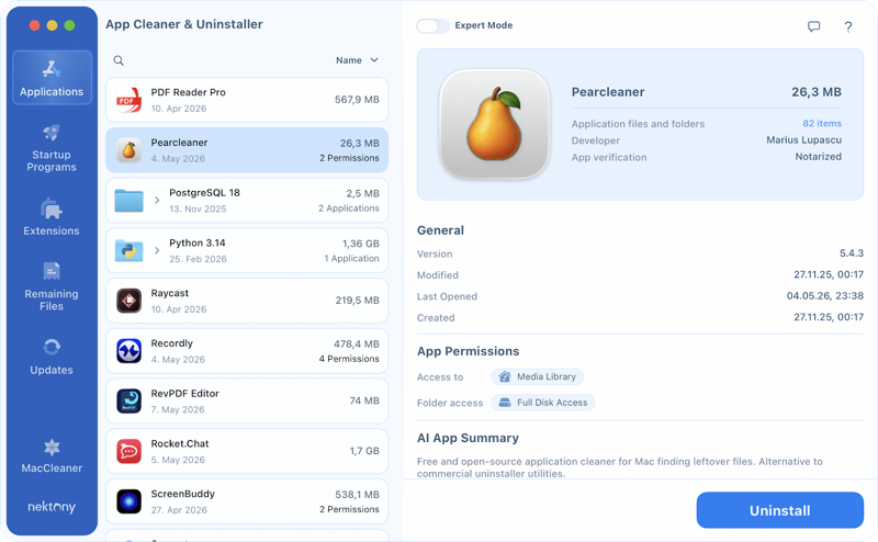 Select Pearcleaner in App Cleaner & Uninstaller App Cleaner & Uninstaller with Pearcleaner selected