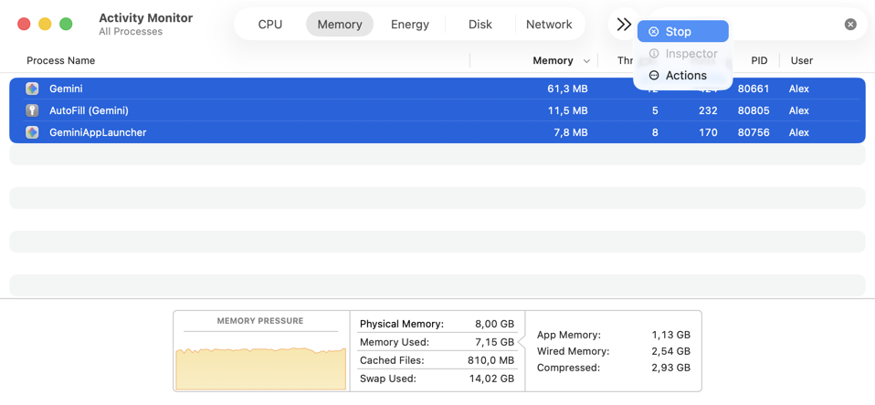 Quit Gemini in Activity Monitor Activity Monitor showing Gemini processes