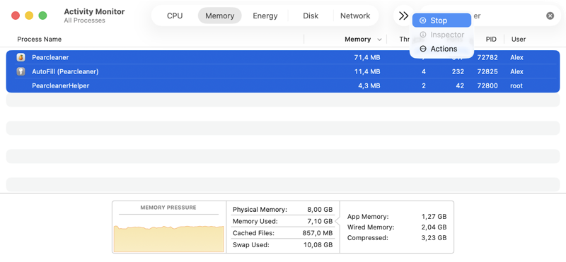 Quit Pearcleaner in Activity Monitor Activity Monitor showing Pearcleaner processes