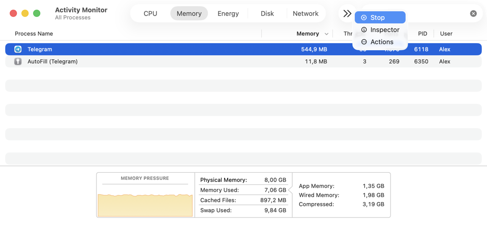 Quit Telegram in Activity Monitor Activity Monitor showing Telegram processes