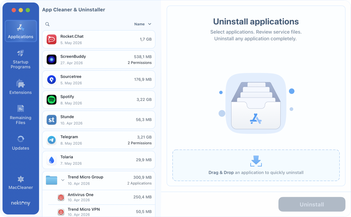 Find Telegram in the app list App Cleaner & Uninstaller showing Telegram in the app list