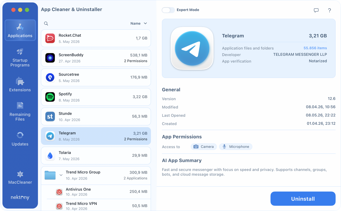 Click on Telegram in App Cleaner & Uninstaller App Cleaner & Uninstaller with Telegram selected