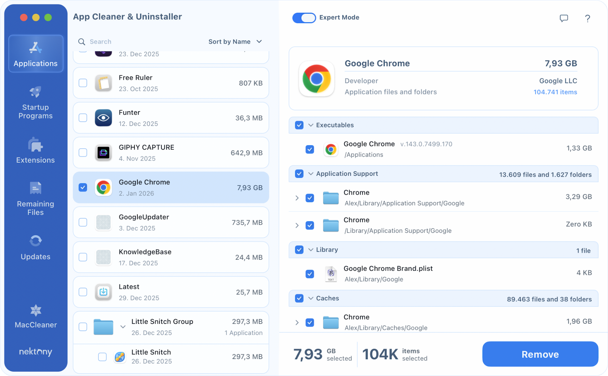 App Cleaner and Uninstaller reviewing Google Chrome files in Expert Mode
