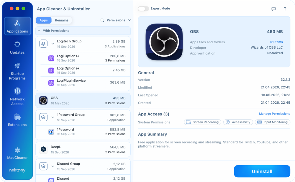 Check the app’s security profile App Cleaner & Uninstaller showing a selected app’s verification status, App Access permissions and AI summary