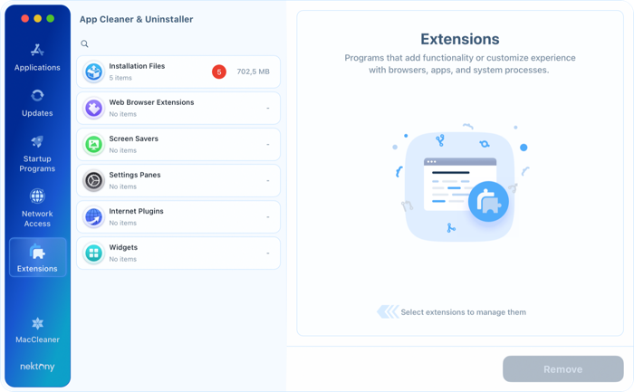 Choose an extension type Extensions tab in App Cleaner & Uninstaller showing six extension categories and the number of items in each