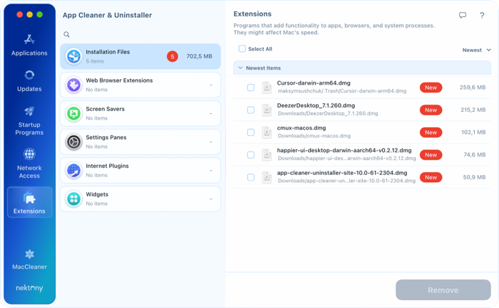 Select items and click Remove Installation files listed in the Extensions tab of App Cleaner & Uninstaller with their paths and sizes