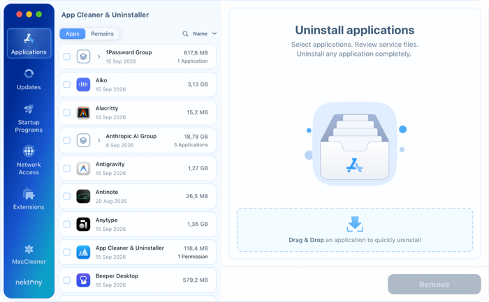Browse your installed apps App Cleaner & Uninstaller main window with the Applications tab open and a list of installed apps