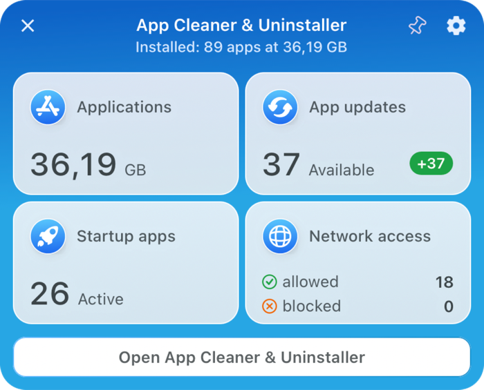 Use the menu bar agent App Cleaner & Uninstaller menu bar agent with Applications, App updates, Startup apps and Network access cards