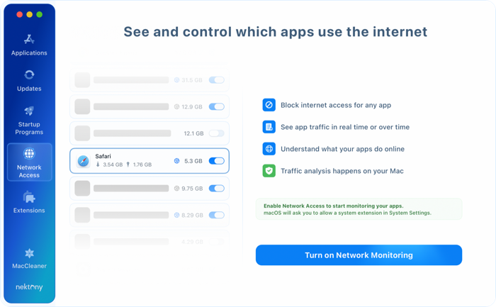 Turn on Network Monitoring Network Access tab in App Cleaner & Uninstaller with its features and the Turn on Network Monitoring button