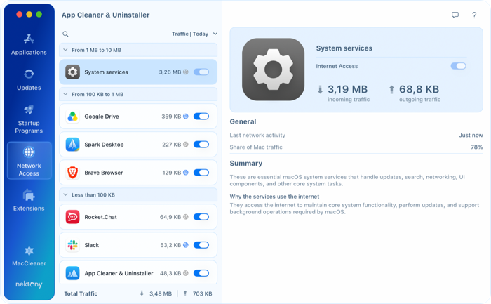 Check each app’s traffic Network Access tab in App Cleaner & Uninstaller showing traffic per app, access switches and the selected app’s details