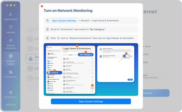Open System Settings App Cleaner & Uninstaller instructions for turning on its network extension in macOS System Settings