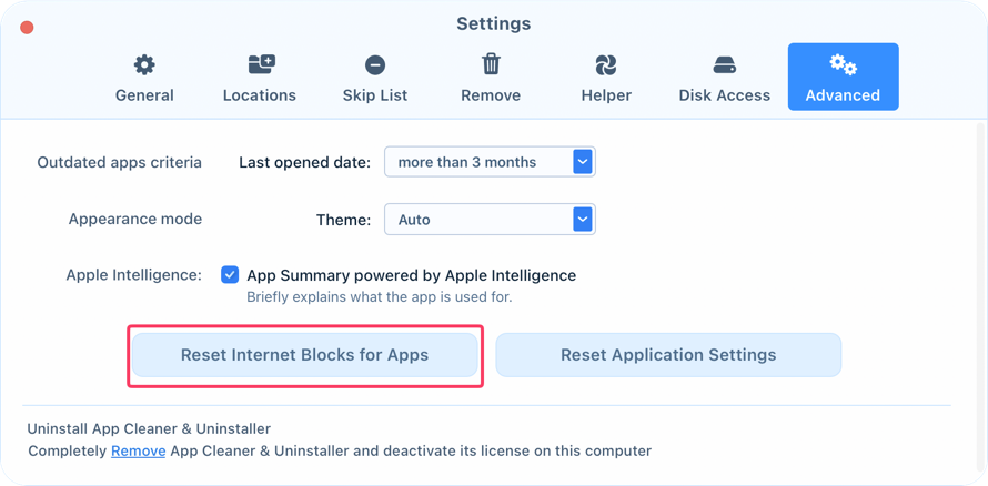 Reset all internet blocks Advanced tab of App Cleaner & Uninstaller settings with the Reset Internet Blocks for Apps button highlighted