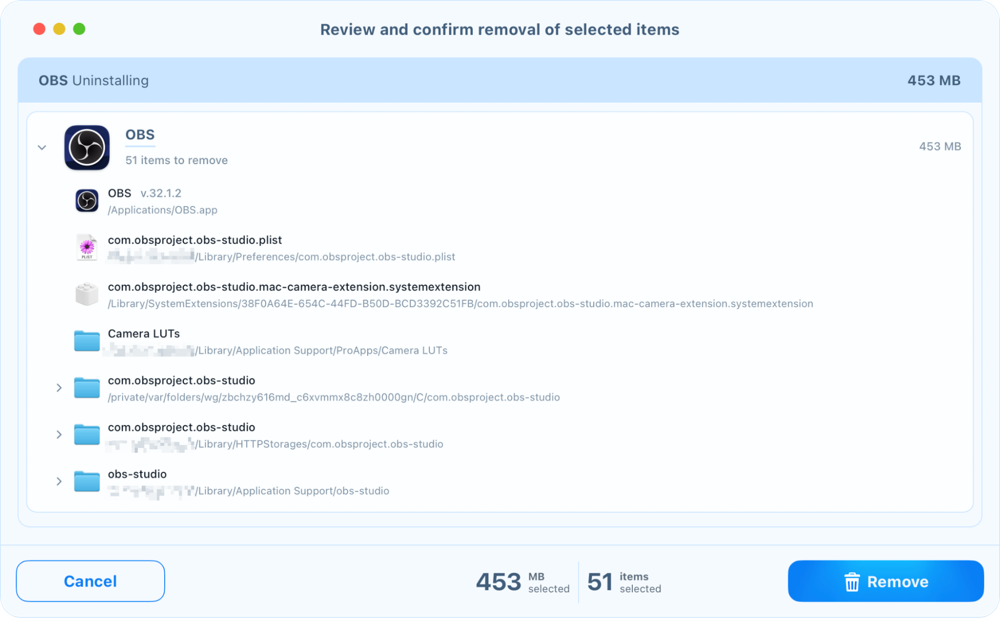 Review files and click Remove Review and confirm removal window in App Cleaner & Uninstaller listing an app and its service files