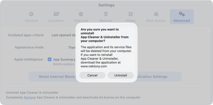 Click Uninstall to confirm Dialog asking to confirm the uninstallation of App Cleaner & Uninstaller from the Mac
