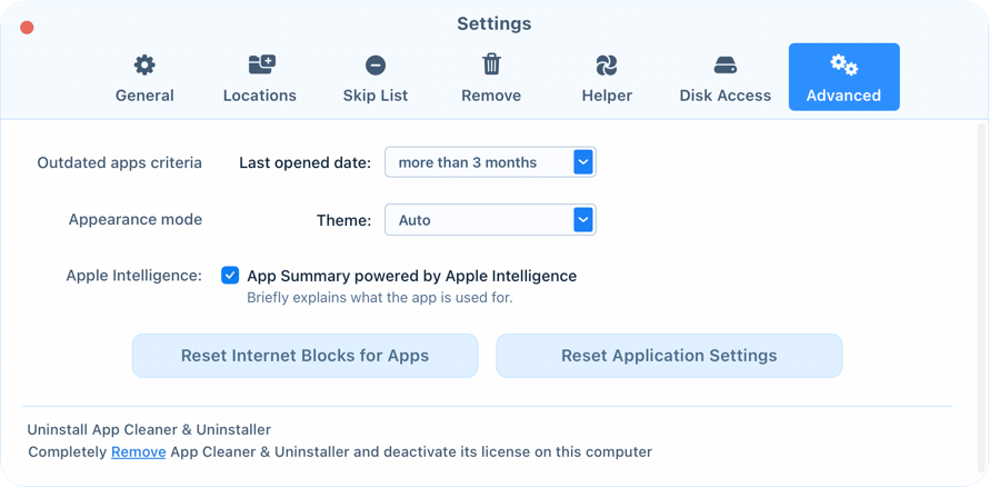 Customize advanced settings Advanced tab of App Cleaner & Uninstaller settings with detection, appearance, AI and reset options