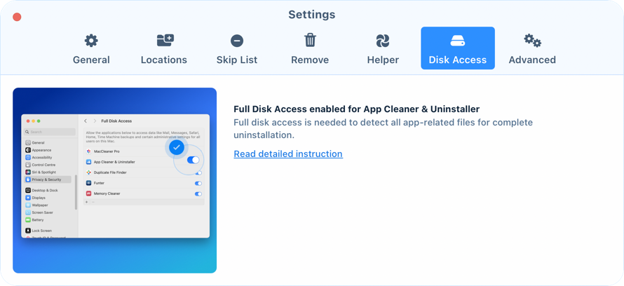 Check Full Disk Access Disk Access tab of App Cleaner & Uninstaller settings confirming that Full Disk Access is enabled