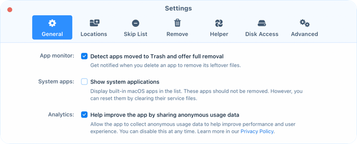Adjust general settings General tab of App Cleaner & Uninstaller settings with app monitor, system apps and analytics options