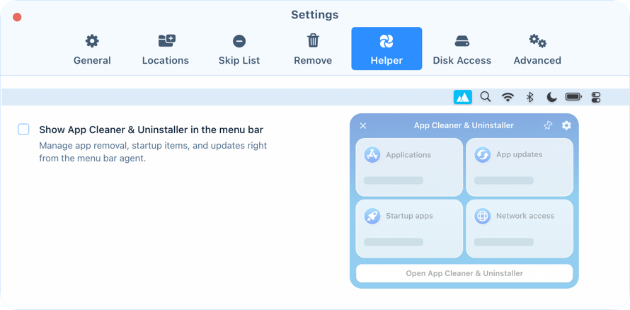 Enable the menu bar agent Helper tab of App Cleaner & Uninstaller settings with the option to show the app in the menu bar