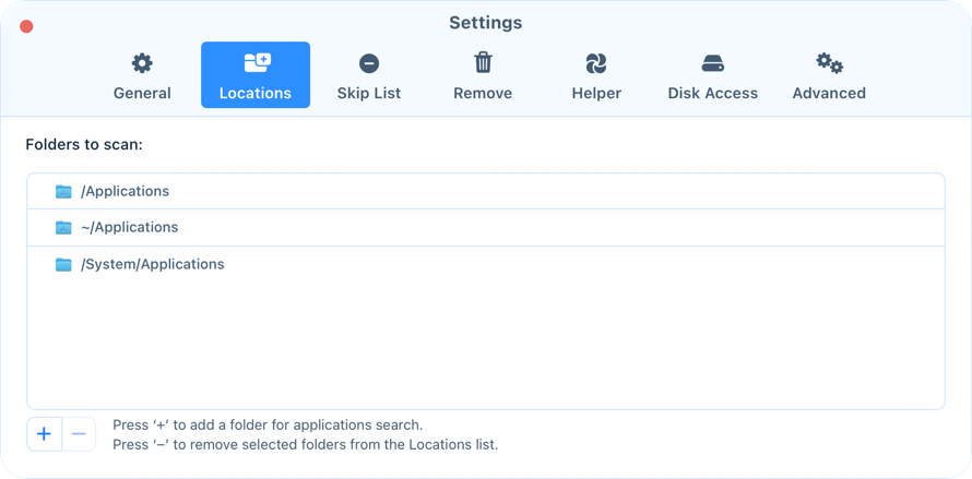 Add folders to scan Locations tab of App Cleaner & Uninstaller settings listing the folders scanned for apps