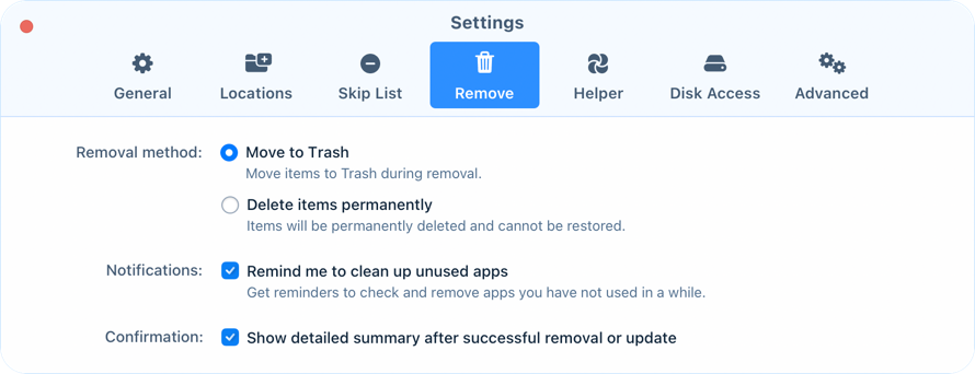 Choose how items are removed Remove tab of App Cleaner & Uninstaller settings with removal method, reminder and summary options