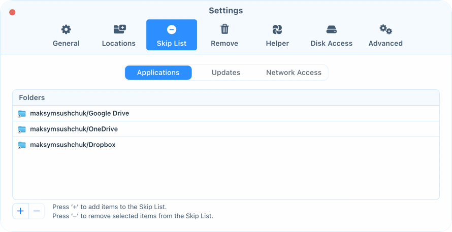 Exclude items from scans Skip List tab of App Cleaner & Uninstaller settings with separate lists for applications, updates and network access
