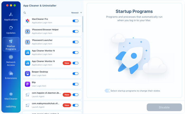 Manage startup programs Startup Programs tab in App Cleaner & Uninstaller listing login items and launch agents with on/off switches